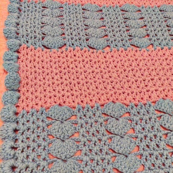 Vintage Hand Crochet Afghan Blue Pink Groovy Stripe MOD Funky Bi Pride Flag HEAR - Picture 6 of 11